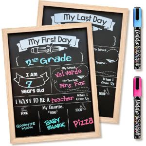 imageLoddie Doddie  FirstLast Day of School Board and Chalk Markers  14 X 11 Double Sided Rustic Frame with Printed Surface  First Day Back to School Supplies Signs  2 Markers Rustic BrownLight Wood