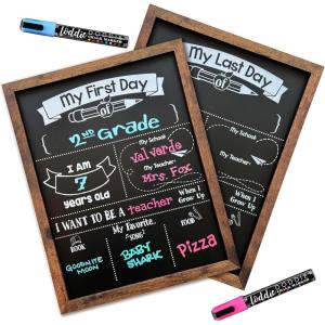imageLoddie Doddie  FirstLast Day of School Board and Chalk Markers  14 X 11 Double Sided Rustic Frame with Printed Surface  First Day Back to School Supplies Signs  2 Markers Rustic BrownRustic Brown