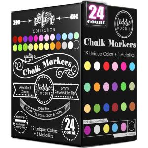 imageLoddie Doddie Chalk Markers  Pack of 16 6mm Reversible Bullet ampamp Chisel Tips  NonToxic DustFree Erasable Liquid Chalk Ink  Dry Erase Markers for Glass Windows ampamp Whiteboards1 Count Pack of 24