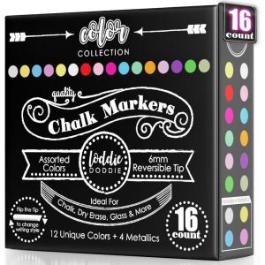 imageLoddie Doddie Chalk Markers  Pack of 16 6mm Reversible Bullet ampamp Chisel Tips  NonToxic DustFree Erasable Liquid Chalk Ink  Dry Erase Markers for Glass Windows ampamp Whiteboards1 Count Pack of 16
