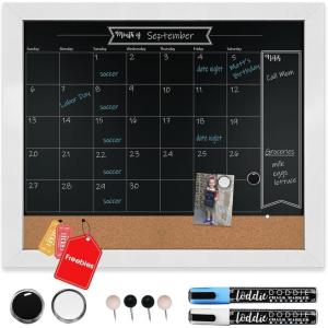 imageLoddie Doddie Chalkboard Calendar ampamp Bulletin Combo  18quot x 24quot Rustic Frame with Chalk Markers PushPins Magnets Blackboard  Kitchen Wall Calendar OrganizerWhite