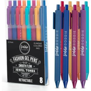 imageLoddie Doddie Gel Pens for Journaling ampamp Note Taking  Black 8Pack 07 mm Medium Point Smooth Writing No Smudge No Bleed Retractable PensJewel Tones