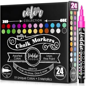 imageLoddie Doddie Liquid Chalk Markers  Pack of 24 Dust Free 1mm Fine Tip Erasable Ink for Blackboard Windows and Glass  Chalkboard Markers