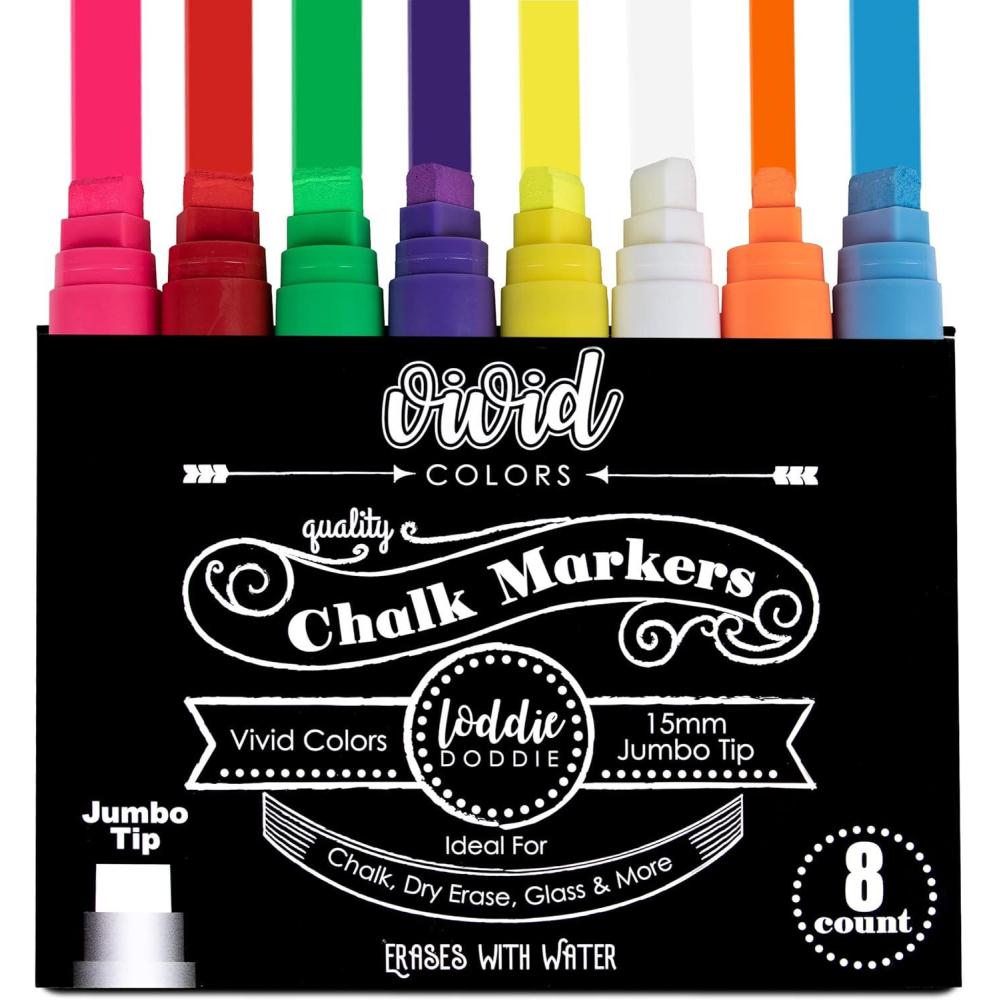 imageLoddie Doddie Jumbo Chalkboard Markers ampamp Chalk Markers  8Pack Multicolor 15mm Chisel Tip  Erasable Chalk Art  Works on Glass ampamp Chalkboard Signs  Bold 15mm Lines for Blackboard Sign