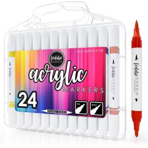 imageLoddie Doddie Acrylic Markers 24 Unique Colors DoubleEnded Multi Surface Art Markers Set with Fine and Brush Tips Portable Storage Case for DIY Projects Crafts and Decor 241 Count Pack of 24